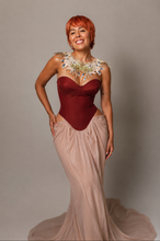 Load image into Gallery viewer, Close-up of the Bordeaux Étoile Couture Gown highlighting the sculpted corset, premium fabrics, and elegant couture-inspired details.