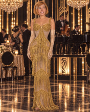 Load image into Gallery viewer, Gloria gold crystal embellished fringe gown from the Global Couture Jazz Era Collection