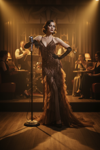 Load image into Gallery viewer, Josephine chocolate brown fringe and sequin Jazz Era couture gown with cascading tulle train
