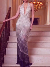 Load image into Gallery viewer, Midnight Champagne Crystal Fringe Gown