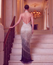 Load image into Gallery viewer, Midnight Champagne Crystal Fringe Gown
