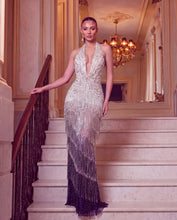 Load image into Gallery viewer, Midnight Champagne Crystal Fringe Gown