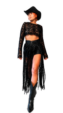 Load image into Gallery viewer, Luxury editorial fashion featuring a black floral lace crop top with faux leather fringe shorts styled in two different ways: one with crystal heels and one with statement boots and a black headscarf, showcasing the versatility of The Mineli Edit.