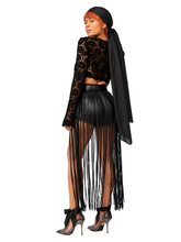 Load image into Gallery viewer, Luxury editorial fashion featuring a black floral lace crop top with faux leather fringe shorts styled in two different ways: one with crystal heels and one with statement boots and a black headscarf, showcasing the versatility of The Mineli Edit.