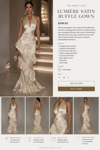 Load image into Gallery viewer, Close-up of the Luxe Aurora Gown highlighting luxurious champagne satin, sculpted draping, and elegant cascading ruffle details.