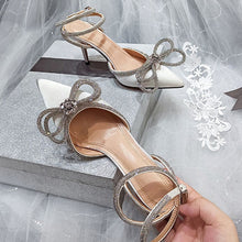 Load image into Gallery viewer, Crystal Bowknot Silk Pointed Toe Buckle Strap Thin High Heels