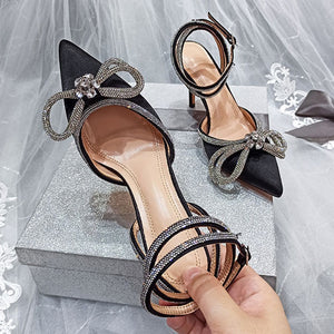 Crystal Bowknot Silk Pointed Toe Buckle Strap Thin High Heels