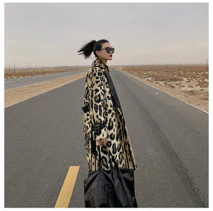 Long Leopard Print Warm Fluffy Faux Fur Trench Coat