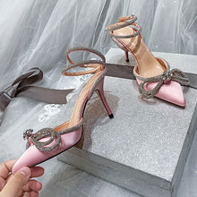 Load image into Gallery viewer, Crystal Bowknot Silk Pointed Toe Buckle Strap Thin High Heels