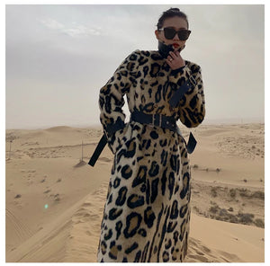 Long Leopard Print Warm Fluffy Faux Fur Trench Coat