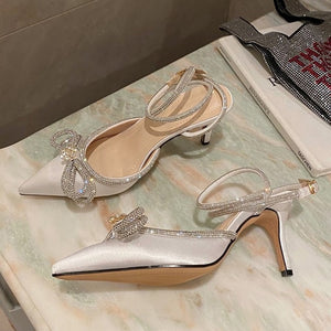 Crystal Bowknot Silk Pointed Toe Buckle Strap Thin High Heels