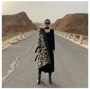 Long Leopard Print Warm Fluffy Faux Fur Trench Coat