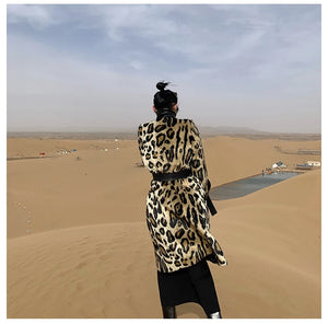 Long Leopard Print Warm Fluffy Faux Fur Trench Coat