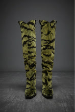Load image into Gallery viewer, Green animal print knee-high slouch boots with pointed toe and high heel, designed to make a bold fashion statement.