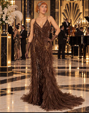 Load image into Gallery viewer, Josephine chocolate brown fringe and sequin Jazz Era couture gown with cascading tulle train