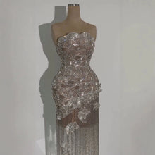 Load image into Gallery viewer, Close-up of the Celestial Fringe Couture Gown highlighting intricate crystal-inspired embroidery, sparkling beadwork, and luxurious fringe detailing.
