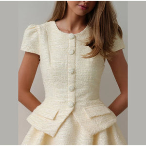 Tweed Puffy Sleeve Shirt Bubble Skirt Set