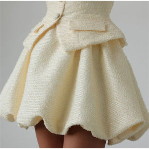 Tweed Puffy Sleeve Shirt Bubble Skirt Set