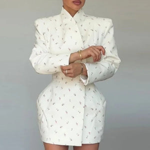 White Waist Cinching Floral Shoulder Pad Blazer