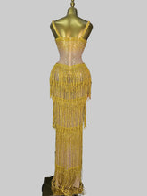Load image into Gallery viewer, Gloria gold crystal embellished fringe gown from the Global Couture Jazz Era Collection
