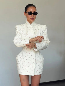 White Waist Cinching Floral Shoulder Pad Blazer