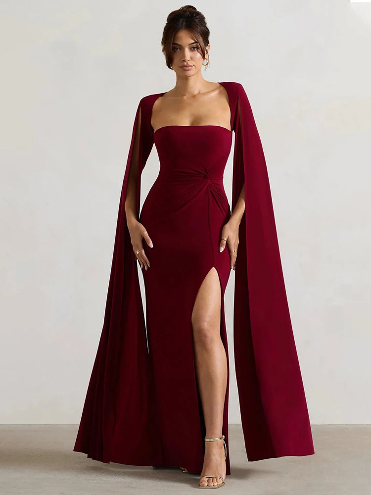 Long Cape Sleeve Split Maxi Dress