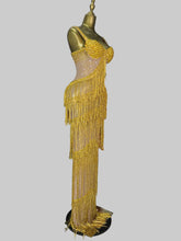 Load image into Gallery viewer, Gloria gold crystal embellished fringe gown from the Global Couture Jazz Era Collection