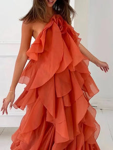 Solid Spliced Ruffles Elegant Dress