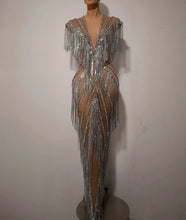 Load image into Gallery viewer, Silver Gatsby Art Deco Fringe Gown featuring cascading gold fringe, geometric embellishments and nude illusion detailing from the Global Couture Jazz Era Collection.