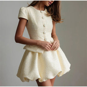 Tweed Puffy Sleeve Shirt Bubble Skirt Set