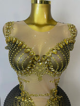 Load image into Gallery viewer, Sparkly Gold Rhinestone Transparent Sleeveless Mini Dress