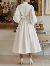 Load image into Gallery viewer, Solid White Turtleneck Puff Sleeve High Waist Bow Tied Midi Dress