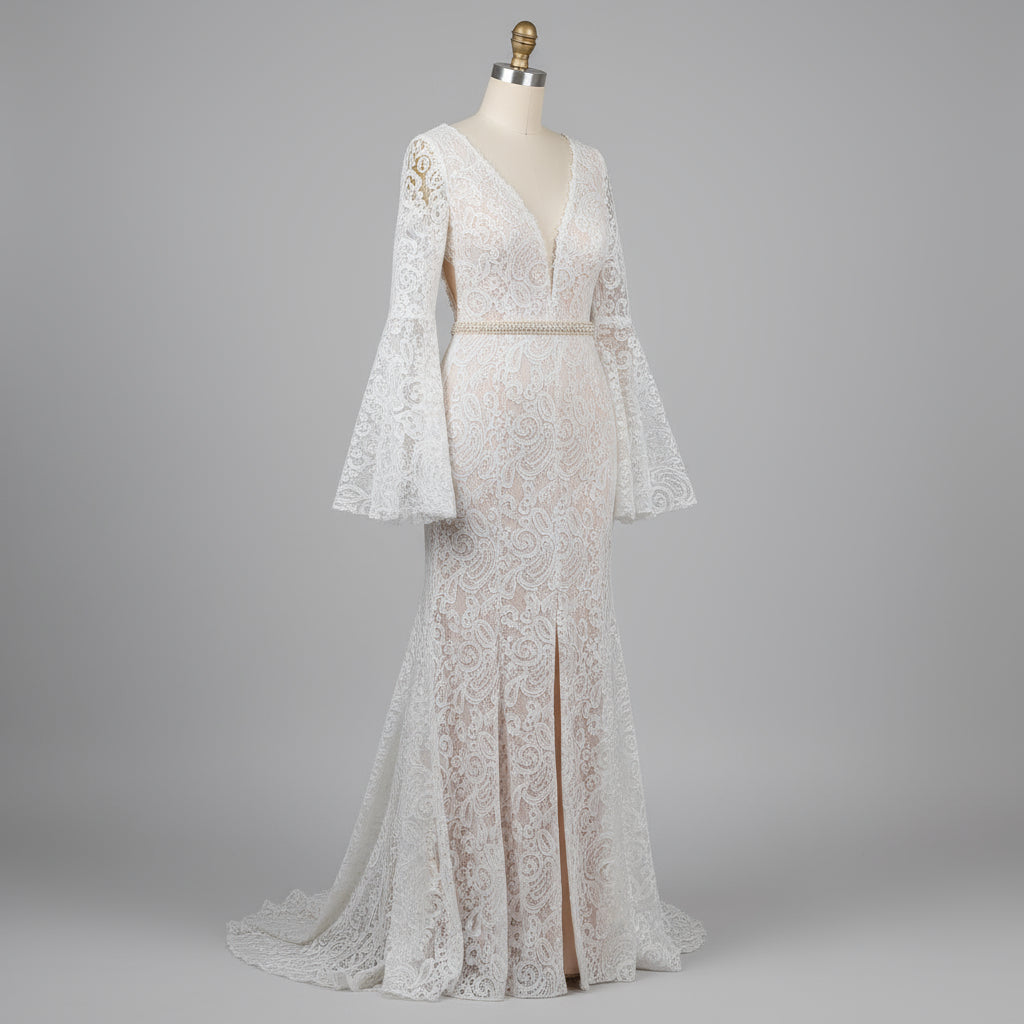 Long Split Bell Sleeves Boho Bridal Gowns
