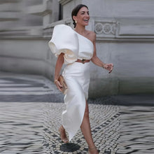 Load image into Gallery viewer, White Satin One Shoulder Prom Dress