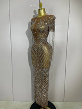 Load image into Gallery viewer, Rhinestones Tassel Transparent Mesh Stretch Dress