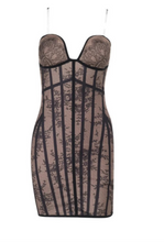 Load image into Gallery viewer, Black Lace Print Strapless Corset Mini Dress