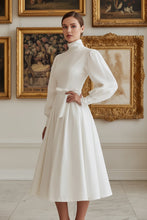 Load image into Gallery viewer, Solid White Turtleneck Puff Sleeve High Waist Bow Tied Midi Dress