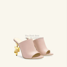 Load image into Gallery viewer, Gold Metal Heeled Leather Sandals