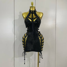 Load image into Gallery viewer, Black Leather Hollow Out Gothic Bandage Halter Short Dress