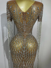 Load image into Gallery viewer, Rhinestones Tassel Transparent Mesh Stretch Dress