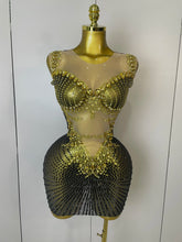 Load image into Gallery viewer, Sparkly Gold Rhinestone Transparent Sleeveless Mini Dress