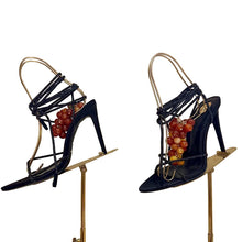 Load image into Gallery viewer, Luxury  stiletto sandals featuring sparkling crystal straps, decorative grape embellishments, and elegant lace-up ankle ties, designed for Mediterranean vacations, resort wear, and editorial fashion.
