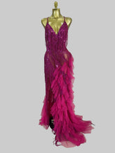 Load image into Gallery viewer, Josephine Pink fringe and sequin Jazz Era couture gown with cascading tulle train