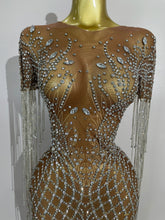 Load image into Gallery viewer, Rhinestones Tassel Transparent Mesh Stretch Dress