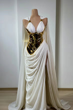 Load image into Gallery viewer, Gold Design Formal Dress With Cape