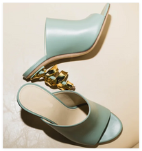 Load image into Gallery viewer, Gold Metal Heeled Leather Sandals