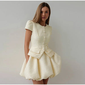 Tweed Puffy Sleeve Shirt Bubble Skirt Set