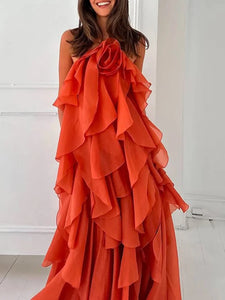 Solid Spliced Ruffles Elegant Dress