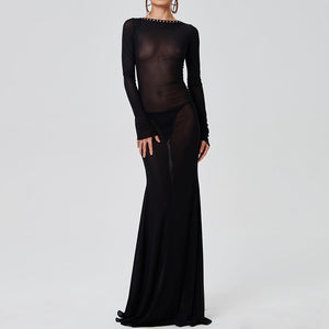 Mesh Black Long Sleeve Backless See Through