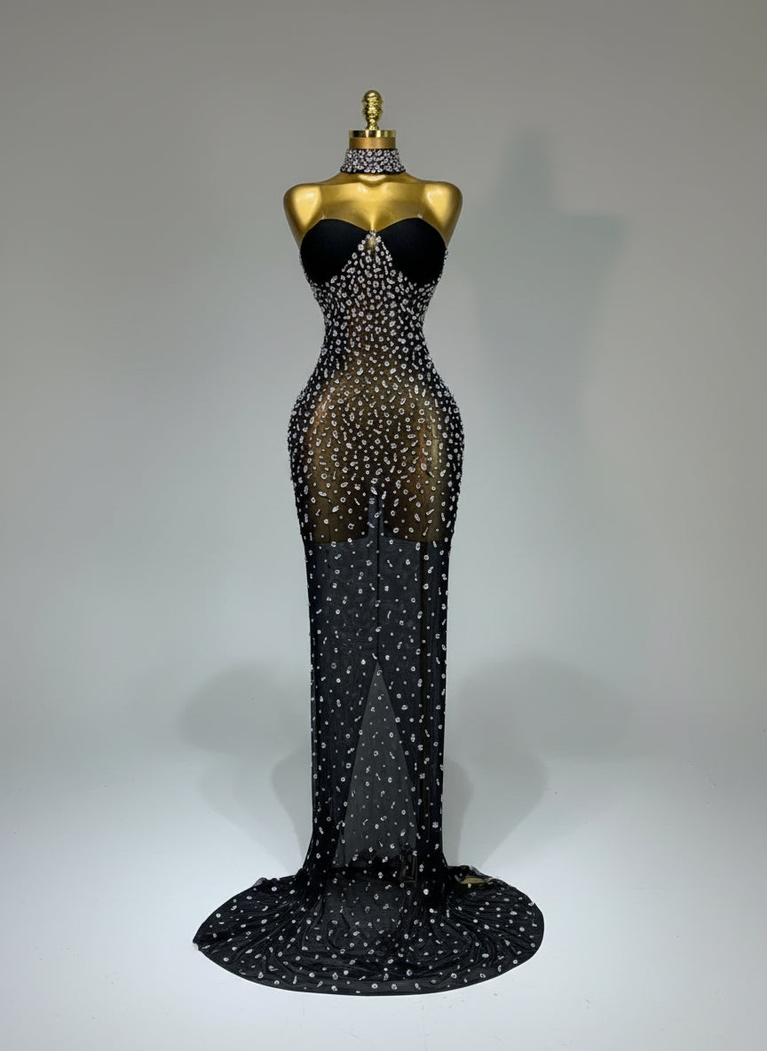 Luxury Rhinestones Sexy Transparent Mesh Maxi Long Dress – Mineli's Closet